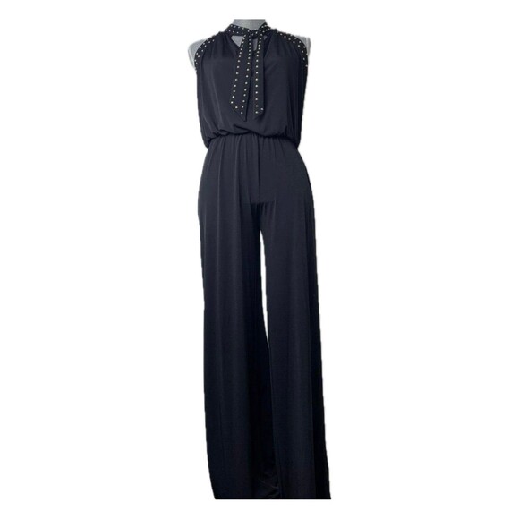 Michael Kors Navy Embellished Studded Trim Front Tie Neck Classy Jumpsuit XS 2 - Picture 3 of 10